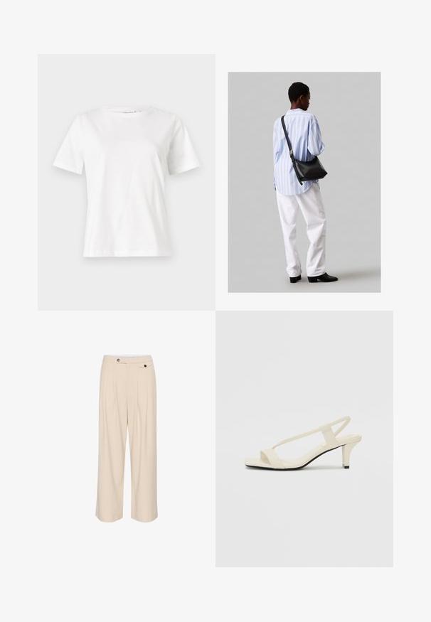 Biała bawełniana koszulka z krótkim rękawem, okrągłym dekoltem i luźnym krojem. Gładka tekstura, brak wzorów lub dodatków, minimalistyczny design.; Beżowe spodnie typu wide-leg z płaskim przodem, dwoma bocznymi kieszeniami, zapięciem na guzik i plisowanymi detalami, które dodają faktury i stylu.; Beżowe sandały na blokowym obcasie z cienkimi ramiączkami i kwadratowym noskiem. Gładki materiał z minimalną ilością detali, zaprojektowane z myślą o łatwym zakładaniu.; Czarna skórzana torba na ramię o miękkiej fakturze, w kształcie trójkąta, z regulowanym paskiem, połączona z jasnoniebieską koszulą w paski i białymi spodniami.