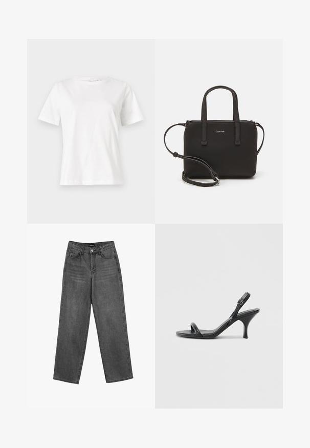 Bela bombažna majica s kratkimi rokavi, okroglo izrezana in ohlapnega kroja. Gladka tekstura, brez vzorcev ali dodatkov, minimalističen dizajn.; Črne visokoprsi kavbojke ravnega kroja s sprednjim gumbom in žepi, prikazane na beli podlagi.; Črne usnjene visoke sandale s tankim, ukrivljenim petam in obliko križanih trakov. Nastavljiv trak okoli gležnja. Gladka tekstura.; Črna torbica z dvema kratkima ročajema in odstranljivim naramnim trakom. Gladek usnju podoben material z zadrgo in podrobnostmi z logotipom.