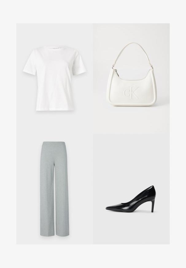 Fehér pamut póló rövid ujjakkal, kerek nyakkivágással és laza szabással. Sima textúra, nincsenek minták vagy díszítések, minimalista dizájn.; DRYKORN BEFORE - Nadrágok - grey; Fekete bőr magassarkú cipő, hegyes orral, sima textúrával és kúpos sarkal. Minimalista dizájn, nincsenek további díszítések.; Fehér bőrtáska ívelt formájú, elöl feltűnő "CK" logóval, egyetlen vállpánttal. Cipzáras zárás a tetején.