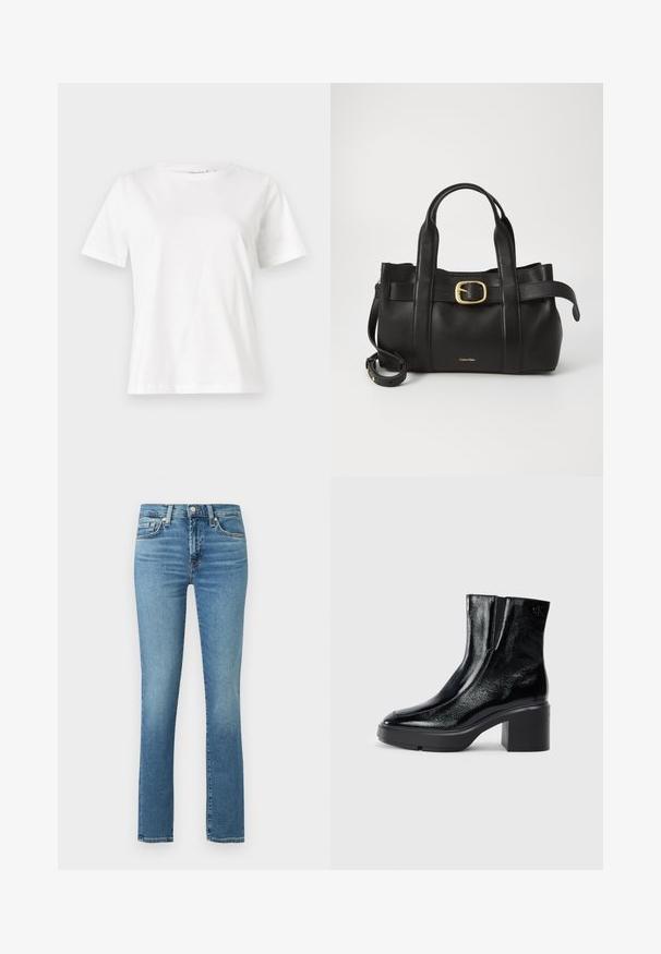 Valge puuvillane T-särk lühikeste varrukatega, ümmarguse kaelusega ja vabalt istuv. Sile tekstuur, ilma mustrite ja aktsentideta, minimalistik disain.; Sinised teksad, millel on sobiv kuju, sirged sääred ja kerge kulumine. Omavad viit taskut ning lukuga ja nööbiga sulgemist.; Mustmustest must paeltega särkide, millel on kõver varvas, elastsed külgpaneelid ja jäme plokkpealse. Tagaküljel on reljeefne logo.; Must mustraga nahkakott, millel on struktureeritud disain, kaks ülemist kanda, kuldse tooni pandla aktsent ja esiküljel embosseeritud brändi logo.