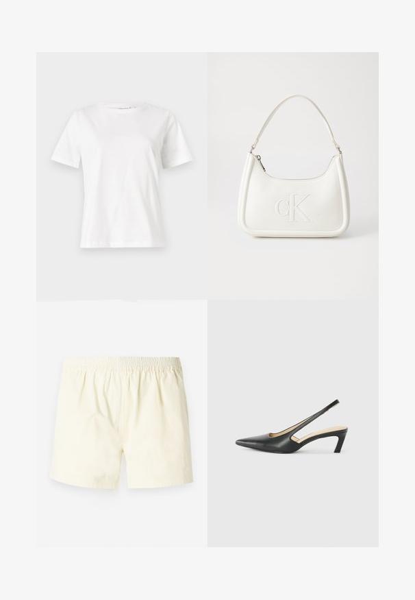 Tricou alb din bumbac cu mâneci scurte, guler rotund și o croială relaxată. Textură netedă, fără imprimeuri sau accente, design minimalist.; Shorts din bumbac galben deschis cu talie elastică, având o croială lejeră și o textură netedă, fără modele sau accente vizibile.; Pantof cu toc mic, cu vârf ascuțit și slingback, realizat din piele netedă, având un design decupat pe lateral pentru respirabilitate.; Geantă de umăr din piele albă cu formă curbată, având un logo "CK" embosat pe partea din față și un singur braț de umăr. Închidere cu fermoar în partea de sus.