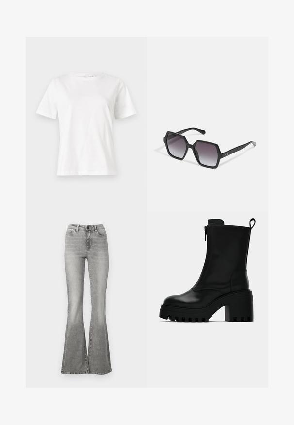Bela bombažna majica s kratkimi rokavi, okroglo izrezana in ohlapnega kroja. Gladka tekstura, brez vzorcev ali dodatkov, minimalističen dizajn.; Sive flared kavbojke iz denima, ki vključujejo visok pas, sprednje žepe in učinek zbledelosti. Rob je nekoliko širši, kar ustvarja flared obliko.; Črne usnjene gležnarske škornje z debelim profilom, blok peto, stranskim zadrgo in zanke na zadnji strani na enobarvni beli podlagi.; Črne heksagonalne sončna očala z gradientnimi lečami, s sijočo površino in diskretnim logotipom na robu. Trajna plastična zasnova.