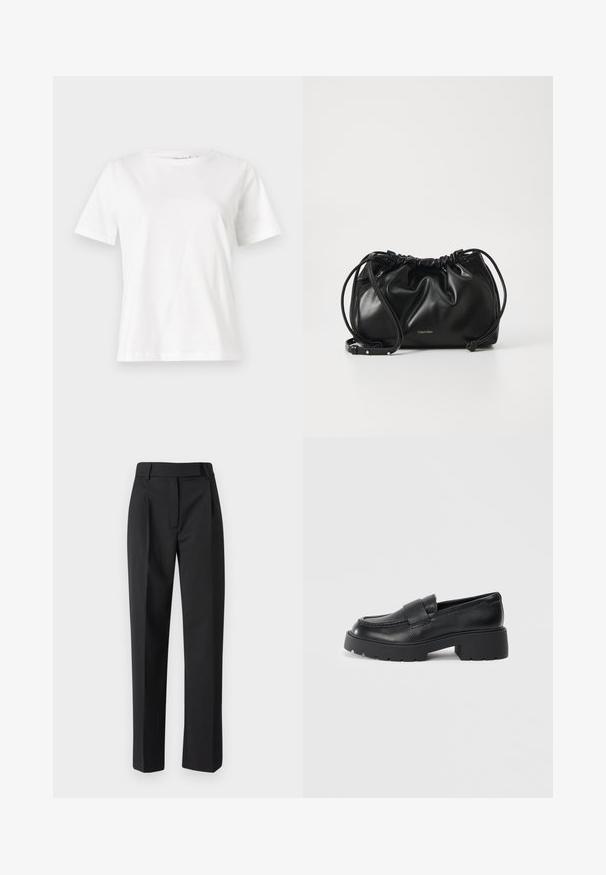 Bílý bavlněný tričko s krátkým rukávem, kulatým výstřihem a volnějším střihem. Hladká textura, bez vzorů nebo akcentů, minimalistický design.; Černé kalhoty s rovnými nohavicemi, vyrobené z hladké tkaniny. Mají plochý přední díl, poutka na opasek a klasický střih.; Černé kožené mokasíny s texturovaným povrchem, které mají obdélníkový pásek přes nárt a robustní podrážku s drážkováním.; Černá kožená kabelka s nařaseným designem, dvojitým stahovacím uzávěrem a odnímatelným ramenním popruhem. Obsahuje detail s metalickým logem.