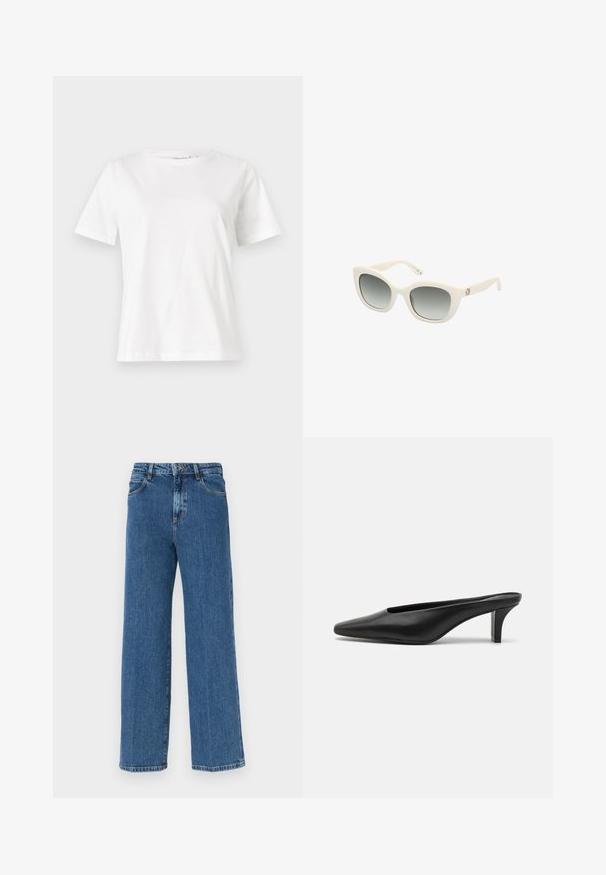 Baltas kokvilnas T-krekls ar īsām piedurknēm, apaļu kakla izgriezumu un brīvu piegriezumu. Gluda tekstūra, bez rakstiem vai akcentiem, minimālistisks dizains.; Platas kājas zili džinsi ar izbalējušu apdari, piecu kabatu dizains un klasiskā pogu un rāvējslēdzēja aizdare. Tekstūrēta auduma ar redzamām šuvēm.; Melnas ādas smailes čības ar zemu stiletto papēdi. Gluda tekstūra, minimālistisks dizains un atvērta aizmugure vieglai uzvilkšanai.; Baltas plastmasas saulesbrilles ar kaķa acs formu, ar gradienta pelēkiem stikliem, viengabalainiem kātiem un zelta logo detaļām sānos.