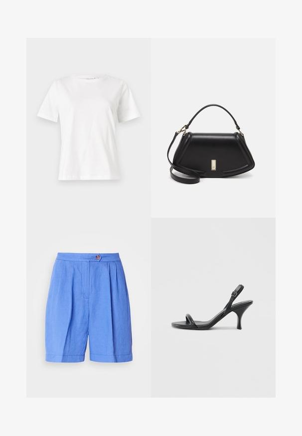 White cotton t-shirt with short sleeves, round neckline, and a relaxed fit. Smooth texture, no patterns or accents, minimalistic design.; Blue linen shorts with pleats, a button closure, and a straight cut. Features a smooth texture and a hem that falls above the knee.; Black leather high-heeled sandals with a slim, curved heel and a crossed strap design. Adjustable ankle strap. Smooth texture.; Black leather handbag with a structured design, featuring a cropped shape, top handle, and gold hardware accent. Adjustable shoulder strap included.