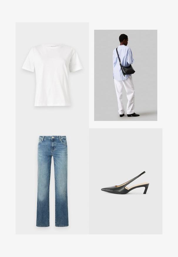 Balta medvilninė marškinėliai trumpomis rankovėmis, su apvalia iškirpte ir laisvu siluetu. Lygi tekstūra, be raštų ar akcentų, minimalistinis dizainas.; Šviesiai mėlyni tiesaus kirpimo džinsai, pagaminti iš džinsinio audinio, su penkių kišenių dizainu ir mygtukų užsegimu, su minimaliais išblukimais.; Juodas smailus slingback batelis su žemu kulnu, pagamintas iš lygaus odos paviršiaus ir su išpjovomis šone, užtikrinančiomis oro pralaidumą.; Juodas odinis petinis krepšys su minkšta tekstūra, trikampiu pavidalu ir reguliuojama juosta, derinamas su šviesiai mėlynu dryžuotu marškinėliu ir baltais džinsais.