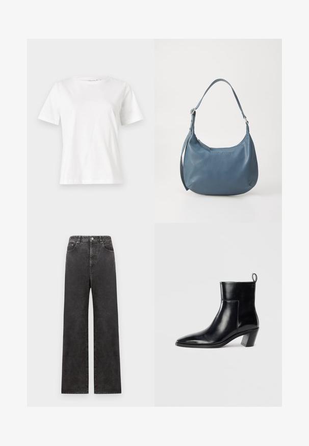 Hvit bomull t-skjorte med korte ermer, rund hals og avslappet passform. Glatt tekstur, ingen mønstre eller detaljer, minimalistisk design.; Vide benbukser i sort denim med høy midje, med frontlommer, knappestolpe og en lett falmet tekstur.; Sorte skinn ankle boots med spiss tå, geometrisk stablet hæl og en drasnor bak. Glatt tekstur og elegant design.; Blå lærveske med rund form, enkel skulderreim, glidelås-lukking og preget merkenavn på forsiden. Glatt tekstur.