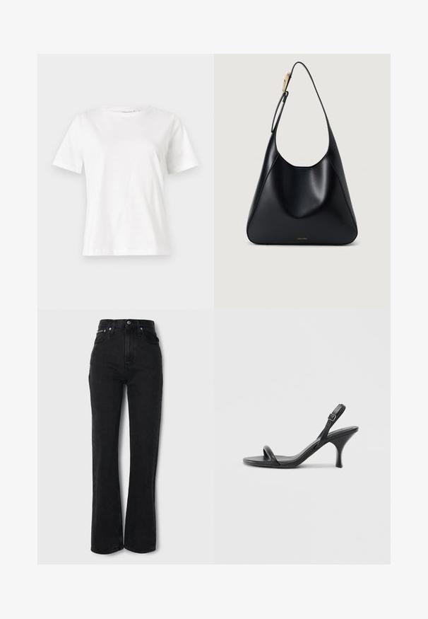 Fehér pamut póló rövid ujjakkal, kerek nyakkivágással és laza szabással. Sima textúra, nincsenek minták vagy díszítések, minimalista dizájn.; Fekete farmerból készült, bővülő szárú nadrág, magas derekú, öt zsebes kialakítással és elöl gombos záródással. Simább textúrával és klasszikus vonalvezetéssel rendelkezik.; Fekete bőrből készült, magassarkú szandál, vékony, ívelt sarokkal és keresztben átkötött pántokkal. Állítható bokapánt. Sima felület.; Fekete bőr válltáska sima textúrával, ívelt szilüettel és arany színű fém díszítéssel. Az alján bemart márkalogó található.