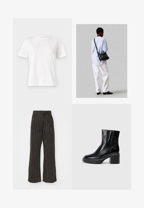 Baltas kokvilnas T-krekls ar īsām piedurknēm, apaļu kakla izgriezumu un brīvu piegriezumu. Gluda tekstūra, bez rakstiem vai akcentiem, minimālistisks dizains.; Platas kājas bikses tumši pelēkā audumā ar baltām vertikālām svītrām. Iezīmē augstu jostasvietu un savelkamu jostu. Iekļautas sānu kabatas.; Melnas lakotas ādas potītes zābaki ar izliekto purngalu, elastīgām sānu paneļiem un masīvu blokveida papēdi. Aizmugurē ir izsistā logo.; Melna ādas plecu soma ar mīkstu tekstūru, trīsstūra formu un regulējamu siksnu, apvienota ar gaiši zilu svītrotu krekli un baltām biksēm.