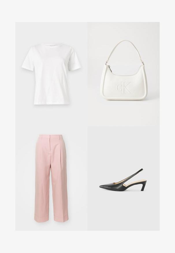 Bela bombažna majica s kratkimi rokavi, okroglo izrezana in ohlapnega kroja. Gladka tekstura, brez vzorcev ali dodatkov, minimalističen dizajn.; Svetlo roza široke hlače z visokim pasom, sprednjimi naborki in šivanimi detajli na robovih. Narejene iz gladkega, lahkega blaga.; Črne čevlje s koničastimi nosovi in slingback obliko z nizko peto, izdelane iz gladke usnjene materiale ter s črtasto zasnovo na strani za prezračevanje.; Bela usnjena torbica s ukrivljeno obliko, ki na sprednji strani nosi vžgano logo "CK" in ima eno naramnico. Zadrga za zapiranje na vrhu.