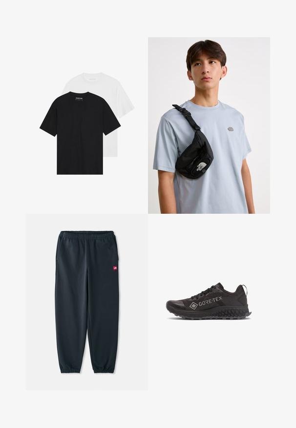 Deux t-shirts, l'un noir et l'autre blanc, avec des manches courtes, des encolures rondes et une texture en coton lisse. Étiquette de marque visible à l'intérieur.; Pantalons de jogging noirs en tissu lisse, avec une taille élastique, des poignets de cheville et un petit écusson rouge sur le côté.; Chaussure de course en Gore-Tex noir avec semelle à motif hexagonal et languette au talon, vue de l'extérieur.; Sac banane en nylon noir avec bandoulière adjustable, arborant un logo blanc bien visible. Porté par-dessus un t-shirt bleu clair. Design simple et fonctionnel.