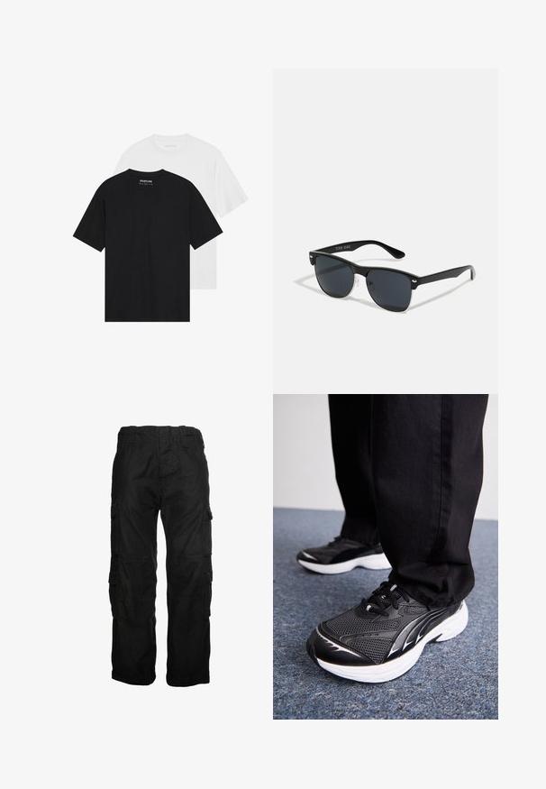 Dos camisetas, una negra y una blanca, con mangas cortas, escote redondo y una suave textura de algodón. Etiqueta de la marca visible en el interior.; Pantalones cargo negros de algodón, con múltiples bolsillos laterales, cintura elástica y un corte relajado. Textura suave con detalles de costura.; Zapatillas deportivas negras con tejido de malla, suela blanca y acentos negros. La suela tiene un diseño texturizado. Usadas con pantalones negros sobre una superficie de moqueta azul.; Gafas de sol negras con forma rectangular, lentes oscuros, detalles plateados en las patillas y un acabado mate en la montura.
