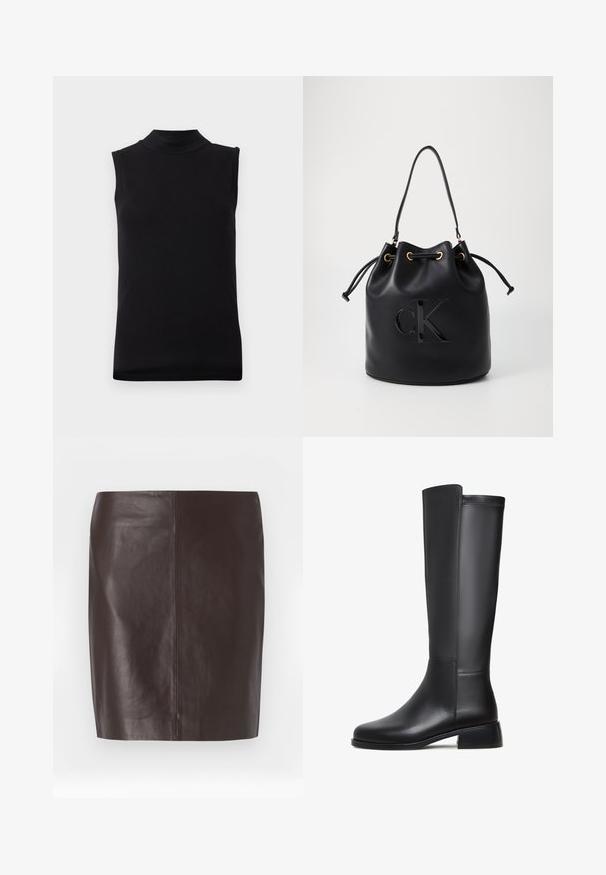 Zwarte mouwloze top met hoge hals, gemaakt van gladde, elastische stof, weergegeven op een effen witte achtergrond.; Bruine leren rok met een rechte snit, gladde textuur en minimalistische stiksels. Heeft een middellange ontwerp zonder versieringen.; Zwarte leren kniehoge laars met een gladde textuur, ronde neus, lage blokhak en subtiele stikdetails aan de zijkant.; Zwarte leren emmer tas met trekkoord sluiting, voorzien van een glanzend "CK" logo aan de voorkant en gouden hardware accenten.