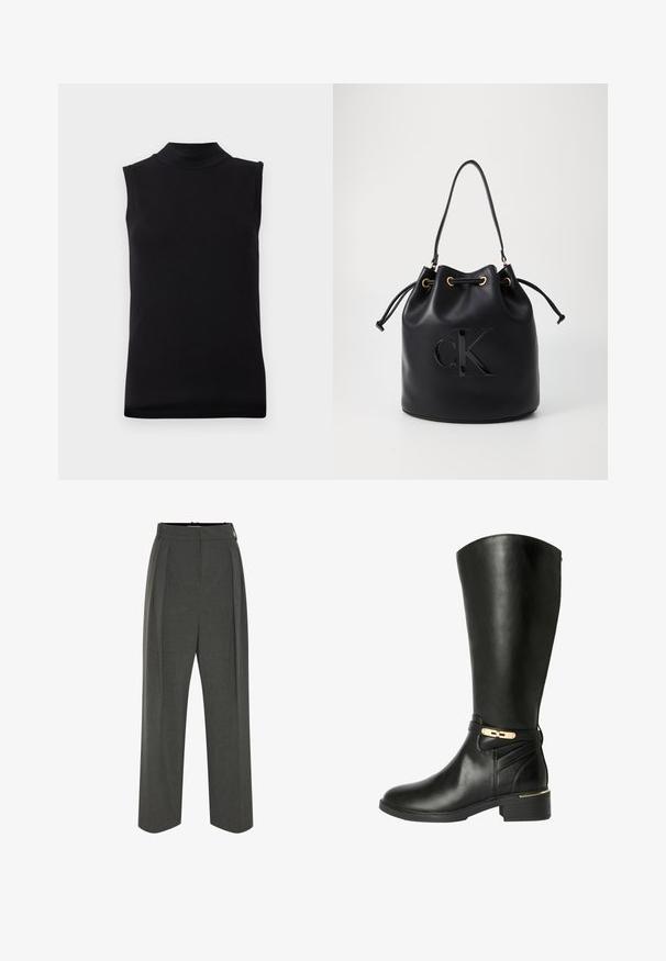 Musta hihaton paita, jossa on korkea kaula-aukko, valmistettu sileästä, joustavasta kankaasta, esiteltynä yksinkertaisella valkoisella taustalla.; Harmaat leveälahkeiset housut teksturoidusta kankaasta, joissa on korkea vyötärö ja etupilkut. Mallissa on sileä vyötärönauha ilman näkyviä kiinnityksiä.; Mustat nahkaiset polvipituiset saappaat, joissa on pyöreä kärki, hopeiset metalliosat ja teksturoitu varsi. Sisältää matalan neliskanttisen korokkeen.; Musta nahkainen ämpärilaukku, jossa on kiristysnauha, etuosassa kiiltävä "CK"-logo ja kultasävytetyt yksityiskohdat.