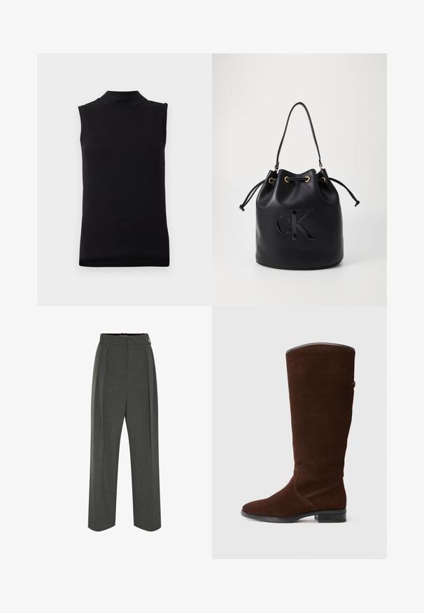 Débardeur noir sans manches avec un col montant, fabriqué en tissu lisse et extensible, présenté sur un fond blanc uni.; Pantalon gris à jambes larges en tissu texturé, avec une taille haute et des plis devant. Le design comprend une ceinture lisse sans fermetures visibles.; Botte haute en daim marron, avec un embout arrondi, des détails de couture subtils et un petit talon carré. Doublure lisse au bord supérieur.; Sac seau en cuir noir avec fermeture à cordon, arborant un logo "CK" brillant sur le devant et des accents en métal doré.