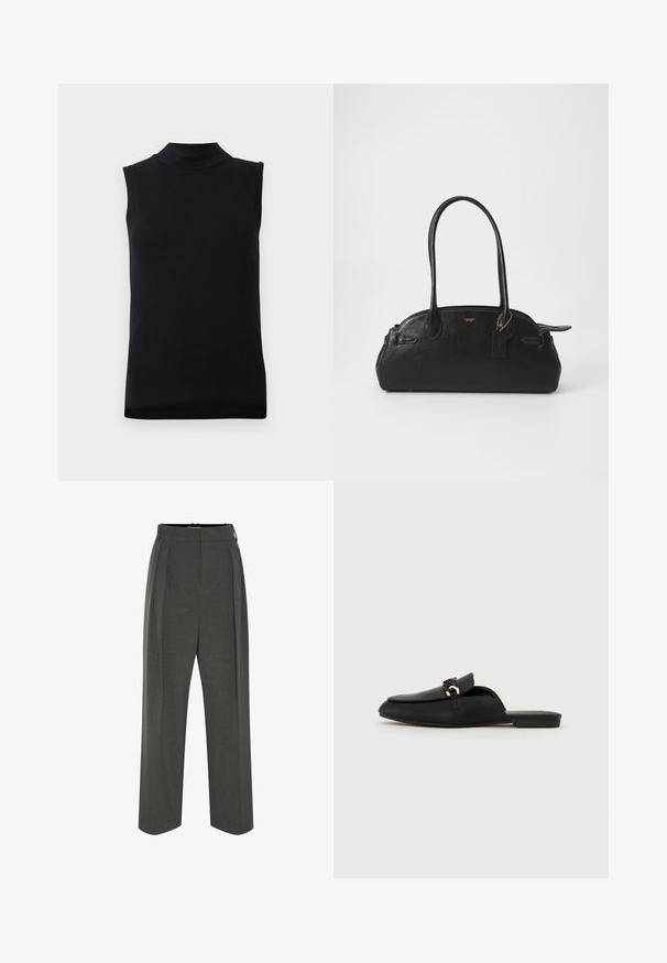 Top negru fără mâneci, cu guler înalt, confecționat dintr-un material neted și elastic, expus pe un fundal alb simplu.; Pantaloni gri cu picioare largi, realizați din material texturat, cu talie înaltă și pliuri frontale. Designul include o bandă de talie netedă și fără sisteme de prindere vizibile.; Pantofii negri, din piele netedă, cu slip-on. Prezintă un vârf rotunjit, o curea decorativă împletită și un mic accent auriu. Talpa este plată.; Geantă din piele neagră cu o formă rotundă, două mânere lungi, accesorii aurii și un eticheta mică atașată. Închidere cu fermoar în partea de sus.
