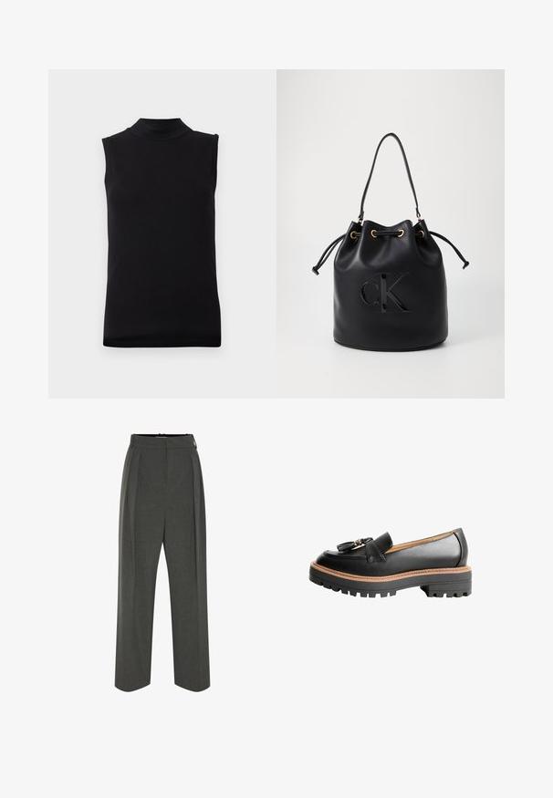 Črna brezrokavnik z visokim ovratnikom, izdelan iz gladkega, elastičnega materiala, prikazan na enobarvni beli podlagi.; Sive široke hlače z teksturirano tkanino, z visokim pasom in sprednjimi gubami. Dizajn vključuje gladek pas in brez vidnih zaponk.; Črne usnjene loafer čevlje z zaobljenim prstom, dekorativno pentljo in masivnim črnim gumijastim podplatom s kontrastnim rjavim šivom.; Črna usnjena torba v obliki zaboja z vrvico za zapiranje, ki ima na sprednji strani sijajni logo "CK" in zlate kovinske dodatke.