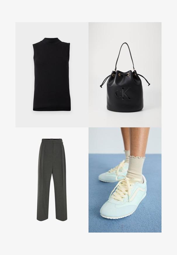 Débardeur noir sans manches avec un col montant, fabriqué en tissu lisse et extensible, présenté sur un fond blanc uni.; Pantalon gris à jambes larges en tissu texturé, avec une taille haute et des plis devant. Le design comprend une ceinture lisse sans fermetures visibles.; Baskets en daim bleu clair avec des lacets et des accents crème, présentant une surface texturée et une semelle en caoutchouc blanche. Chaussettes beige froncées visibles.; Sac seau en cuir noir avec fermeture à cordon, arborant un logo "CK" brillant sur le devant et des accents en métal doré.