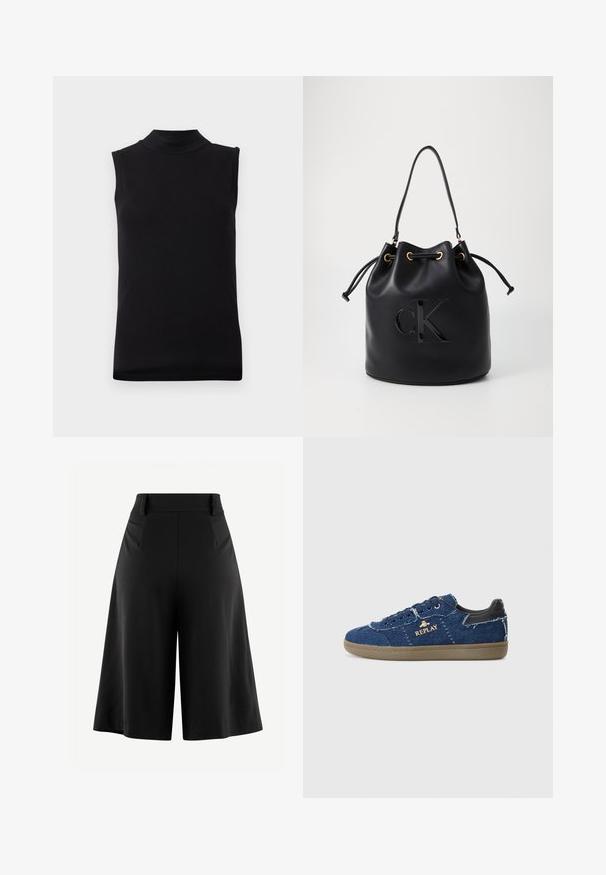 Black sleeveless top with high neckline made from smooth, stretchy fabric, displayed on plain white background.; Black wide-leg trousers with a pleated front, high waist, and smooth fabric texture. Features a clean, minimal design without visible hardware.; Replay PYPER - Trainers - blue; Black leather bucket bag with drawstring closure, featuring a glossy "CK" logo on the front and gold-tone hardware accents.