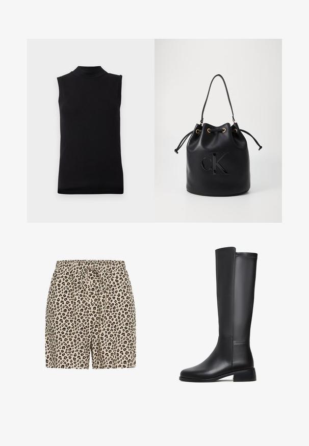 Top senza maniche nero con collo alto realizzato in un tessuto liscio ed elastico, esposto su uno sfondo bianco semplice.; Pantaloni corti con stampa leopardata in beige con macchie nere e marroni. Presentano un elastico in vita con cordino per la regolazione. Materiale leggero.; Stivale in pelle nera al ginocchio con texture liscia, punta rotonda, tacco basso a blocco e dettagli di cucitura sottile lungo il lato.; Borsa a secchiello in pelle nera con chiusura a cordoncino, caratterizzata da un logo "CK" lucido sulla parte anteriore e dettagli in hardware dorato.