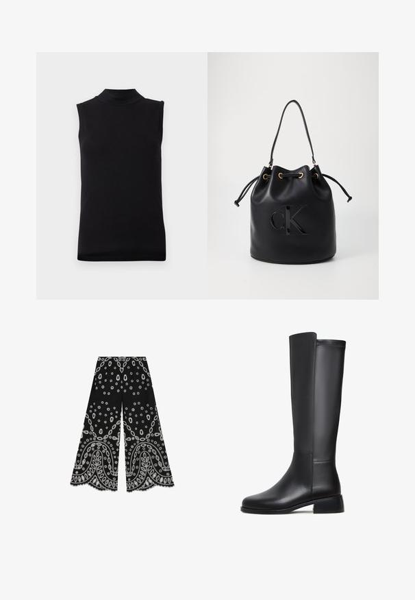 Débardeur noir sans manches avec un col montant, fabriqué en tissu lisse et extensible, présenté sur un fond blanc uni.; Pantalons larges noirs ornés de motifs floraux et paisley blancs. Le tissu a une texture lisse avec des ourlets en forme de scallop.; Botte noire en cuir montant, avec une texture lisse, un bout rond, un petit talon carré et des détails de couture subtils sur le côté.; Sac seau en cuir noir avec fermeture à cordon, arborant un logo "CK" brillant sur le devant et des accents en métal doré.