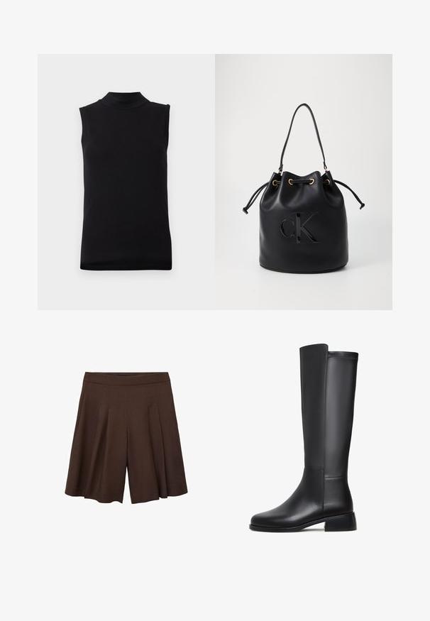 Svart ärmlös topp med hög halsringning, tillverkad av slät och stretchig tyg, visas på en enfärgad vit bakgrund.; Bruna plisserade shorts med hög midja. Tyget ser slätt och lätt ut, med djupa, rena veck som ger en svävande silhuett.; Svart läder knähöga stövlar med en slät yta, rund tå, låg blockklack och diskret sömnadsdetalj längs sidan.; Svart läder bucket bag med dragsko-stängning, prydd med en glänsande "CK"-logotyp på framsidan och detaljer i guld-ton.