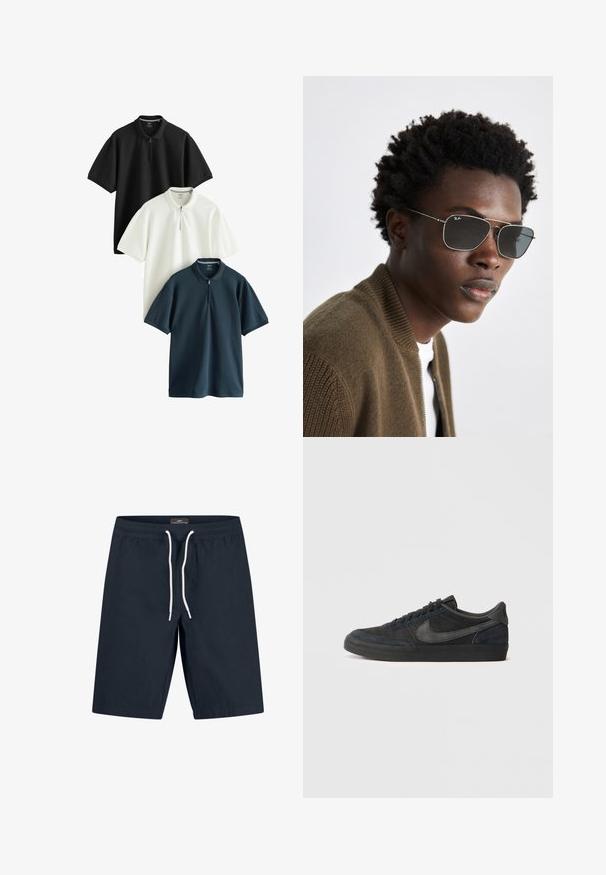 Három rövid ujjú pólóing fekete, fehér és sötétkék színben, félcipzáros gallérral és texturált anyaggal.; Sötétkék úszónadrág, könnyű anyagból készült, rugalmas derekú, fehér zsinórral és egyenes szabású dizájnnal.; Fekete velúr sportcipők alacsony profillal, gumi talppal, strukturált oldalsó panelek és azonos színű Nike logóval. Fűzős elülső rész, párnázott nyak.; Ezüst fémkeretes napszemüveg, pilóta forma, sötét árnyékolt lencsékkel. Barna, bordázott bomber dzsekivel kiegészítve.
