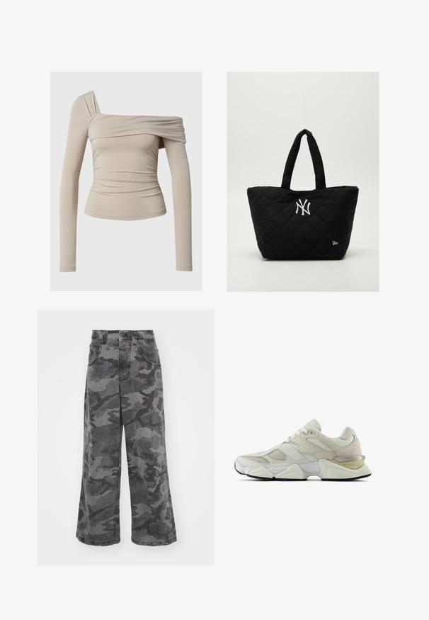 Beige long-sleeve top with an off-the-shoulder design, featuring a ruched texture and a fitted silhouette. Smooth, stretchy fabric.; Wide-leg camouflage jeans in shades of gray, made of denim, featuring two side pockets and a high waist design. Textured fabric with a printed pattern.; White sneaker with mesh and suede upper, rounded toe, and padded collar. Features reflective accents and a thick, textured sole.; Quilted black tote bag with double handles, featuring a white New York Yankees logo and a small brand emblem on the side.