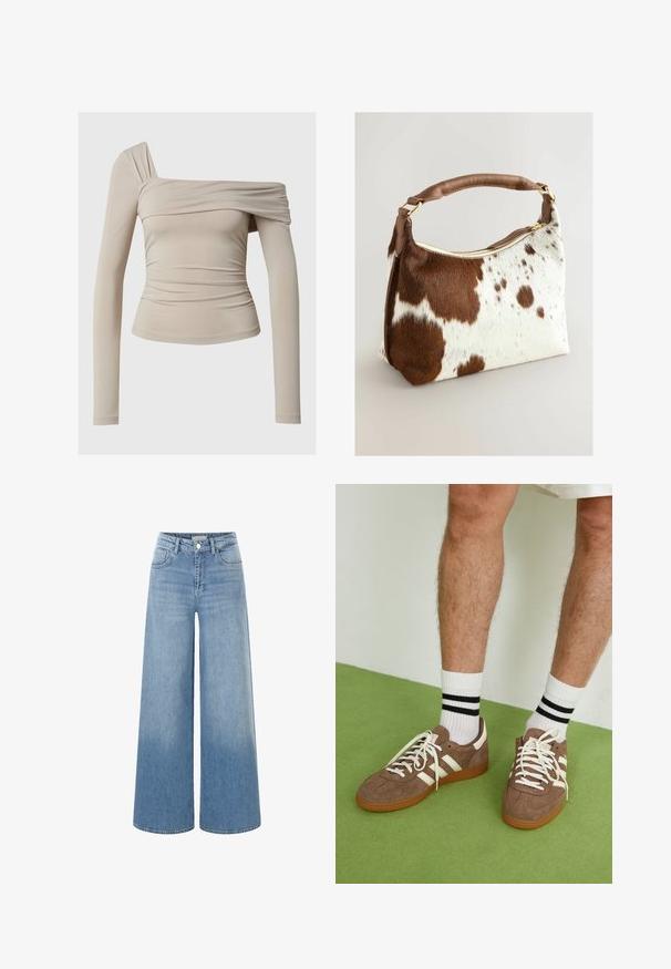 Beige pitkähihaine yläosa, jossa on olkaimeton muotoilu, röyhelötekijä ja istuva siluetti. Sileä, joustava kangas.; Vaaleansiniset farkut, joissa on leveät lahkeet ja korkea vyötärö, etutaskut sekä perinteinen napitus. Kulutettu pinta lahkeiden helmassa.; Ruske nahkate sneakerit valkoisilla korostuksilla ja nauhoilla. Kumi-gumipohja. Yhdistetty valkoisiin sukkiin, joissa on mustia raitoja. Vihreä teksturoitu lattia.; Nahkalaukku, jossa on ruskea ja valkoinen laikullinen kuvio, ruskea nahkahihna, kultaketju ja pehmeä rakenne. Rakenne on jämäkkä ja kulmat pyöristetyt.