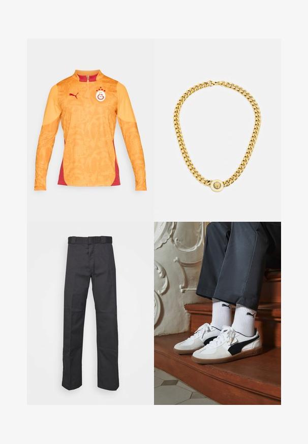 Narančasta sportska majica dugih rukava s poluzipom, crvenim detaljima, teksturiranim uzorkom i logotipom koji sadrži tri zvijezde i kružni simbol.; Crne hlače od izdržljivog materijala, s ravnim krojem, pojasom s peteljkama i šavovima za dodatnu teksturu.; Puma tenisice u bijelom i crnom nubuku, s smešnim gumastim potplatom. Uparene su s bijelim čarapama s crnim logom, nosene uz tamne hlače.; Zlatna ogrlica s velikim isprepletenim karikama, koja sadrži kružni detalj na sredini s uzdignutim grbom.