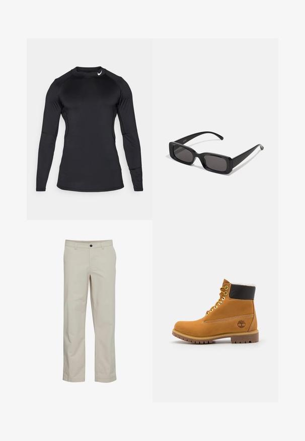 Svart langermet treningstrøye laget av glatte, elastiske stoffer med rund hals og diskret logo på øvre venstre side.; Beige bomullsbukser med rett ben, fremre lommer og enkelt knappeåpning. Jevn tekstur og minimale sømdetaljer.; Brune lær ankle boot med metaløyer, hvit pelsforing, svart polstret krage, robust såle og preget logo på siden.; Svarte rektangulære solbriller med mørke linser, glanset overflate, brede stenger og en kraftig rammedesign. Graveret merkenavn på en stang.