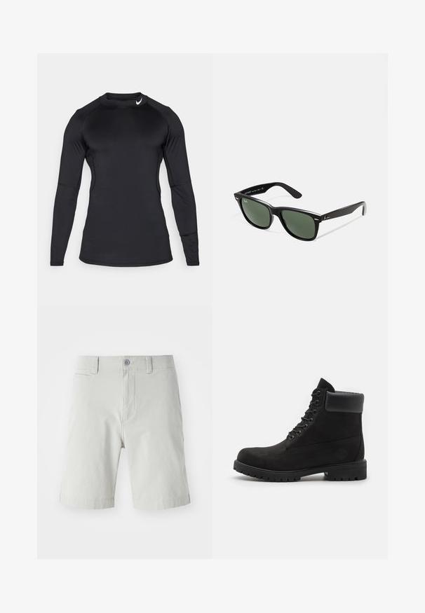 Black long-sleeve athletic shirt made of smooth, stretchy fabric with a crew neckline and discreet logo on the upper left.; Light gray shorts made of soft fabric, featuring a button closure, side pockets, and a clean, tailored design. Length reaches mid-thigh.; Black lace-up ankle boot with padded collar and rugged sole, shown in profile against a white background.; Black plastic sunglasses with green lenses, square frames, silver accent on the brow, and textured temple arms. Stated brand on inner arm.