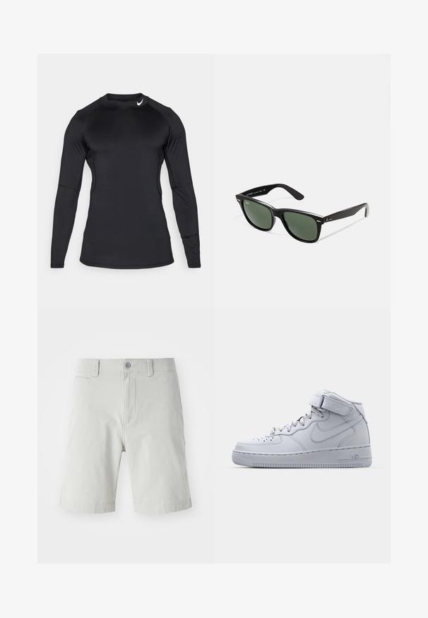 Crna dugorukava atletska majica izrađena od glatkog, rastezljivog materijala s okruglim izrezom i diskretnim logotipom u gornjem lijevom kutu.; Svijetlosivi šortsevi od mekanog materijala, s kopčanjem na dugme, bočnim džepovima i čistim, krojenim dizajnom. Dužina doseže sredinu butine.; Sivi visokoprofilni Nike Air Force 1 tenisice s kožnom gornjom površinom, podstavljenim ovratnikom i Velcro trakama. Ikonični dizajn sadrži perforirane prednje dijelove.; Crne plastične sunčane naočale s zelenim staklima, kvadratni okviri, srebrni naglasak na obrvi i teksturirane ručke. Naziv brenda naveden na unutrašnjoj strani ručke.