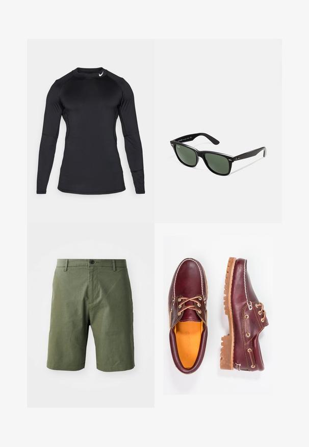 Black long-sleeve athletic shirt made of smooth, stretchy fabric with a crew neckline and discreet logo on the upper left.; Olive green shorts made from lightweight fabric, featuring a flat front, belt loops, and a single button closure at the waist.; Burgundy leather shoes with brown rubber soles, round toe, white stitching, and gold eyelets. Interior features a yellow lining.; Black plastic sunglasses with green lenses, square frames, silver accent on the brow, and textured temple arms. Stated brand on inner arm.