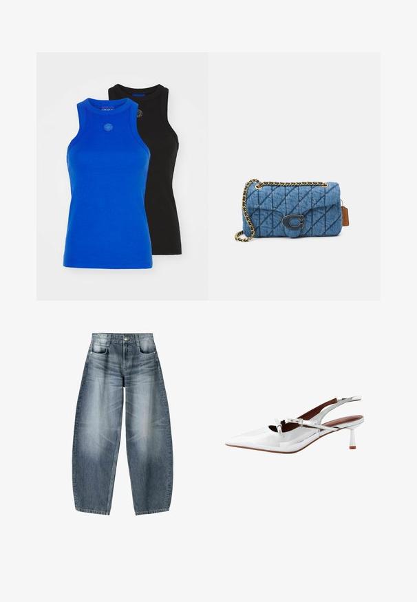 HUGO GIFT GIVING 2 PACK - Top - blue/black; Džínsy s širokými nohavicami vyrobené z svetlomodrého denim materiálu s opotrebovaním, s piatimi vreckami, zapínaním na gombík a minimálnym prešívaním.; Biele lakované sľužby s špicatou špičkou, tenkým opätkom, krížovými popruhmi a jemným detailom s prackou. Hladký, lesklý povrch.; Modrá prešívaná denníková taška na rameno so zlatým reťazovým popruhom a výrazným zlatým logom na prednej strane. Kompaktný obdĺžnikový tvar.