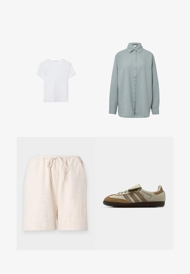 Bílá tričko s krátkým rukávem vyrobené z měkké látky. Má kulatý výstřih a jednoduchý, čistý design s rovnou spodní částí.; Světle modrá, dlouhá button-up košile s dlouhými rukávy. Vyrobena z měkké, texturované látky se stojáčkem, má zapínání na knoflíky vpředu a rukávy s manžetami.; Světlé béžové šortky vyrobené z texturované tkaniny, s elastickým pasem na šňůrku a bočními kapsami.; Hnědé a krémové sportovní boty se třemi béžovými pruhy, vyrobené z semišové a kožené materiály, s šněrovacím designem a gumovou podešví. Textové logo na boku.
