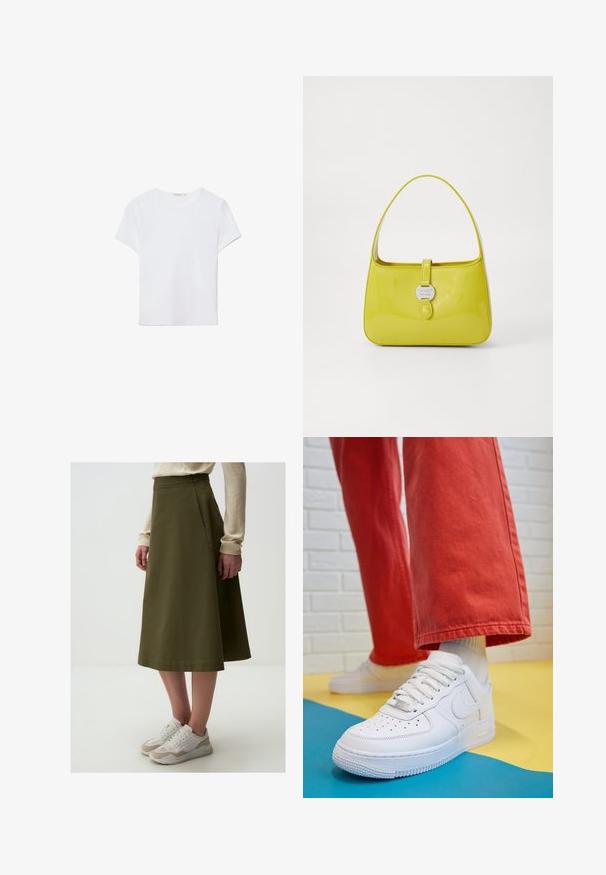 White short-sleeve t-shirt made of soft fabric. Features a round neckline and a simple, clean design with a straight hemline.; Olive green A-line skirt with a smooth texture, high waist, and seam detailing, paired with white and beige sneakers.; White leather sneaker with perforated toe box, textured sole, and white laces, paired with wide red pants and a blue and yellow background.; Yellow patent leather handbag with a structured shape, a top handle, and a front snap closure featuring a circular metal logo accent.