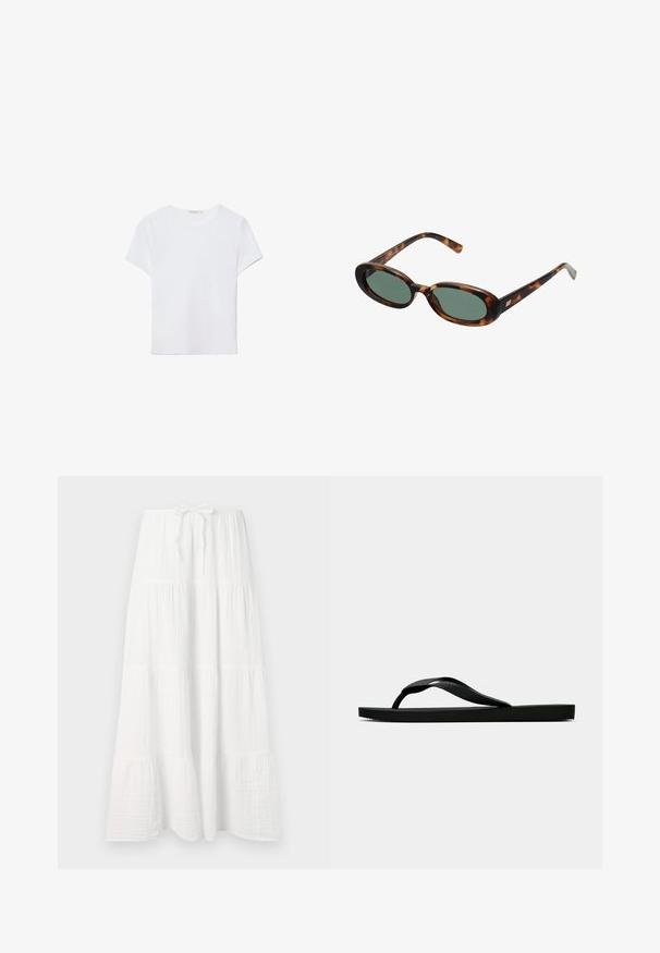 Valkoinen lyhythihainen t-paita, joka on valmistettu pehmeästä kankaasta. Sillä on pyöreä pääntie ja yksinkertainen, siisti muotoilu suoralla helman lopulla.; Valkoinen pitkä hame, joka on valmistettu teksturoidusta kankaasta. Hameessa on vaakasuoria kerroksia ja säädettävä vyötärönauha mukautettavaa istuvuutta varten. Sujuva ja virtaava muotoilu.; Musta kumisaapas sandaali, jossa on teksturoitu thong-hihna ja yksinkertainen litteä pohja, esitetty sivustolta vaalealla taustalla.; Kilpikonnakuosisuntit, joissa on soikeat kehykset ja vihreät linssit. Ominaisuuksiin kuuluu ohuet varret, joissa on metallinen korostus saranan lähellä.