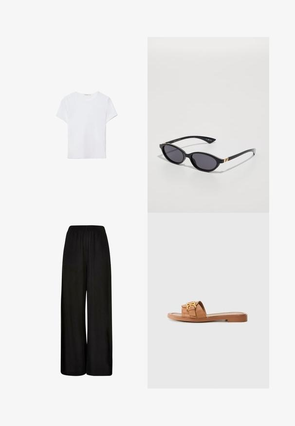 Weißes kurzärmliges T-Shirt aus weichem Stoff. Hat einen runden Halsausschnitt und ein einfaches, sauberes Design mit geradem Saum.; Schwarze, weit geschnittene Hose aus einem glatten Stoff. Verfügt über einen elastischen Bund und eine lockere, fließende Passform für Komfort und Bewegungsfreiheit.; Braune Leder-Sandale mit breitem Riemen, goldenen Hardware-Akzenten, flacher Sohle und minimalistischen Design. Eignet sich für die Freizeit.; Schwarze Sonnenbrille mit ovalen Gläsern, dunklem Verlaufstönung und schlanken Bügeln mit dezenten goldenen Akzenten. Glatte Kunststoffoberfläche.; Canvas-Tragetasche mit einem cartoonhaften Bären, der einen grünen Schal und einen Blazer trägt, mit braunen Leder-Schultergurten. Weißer Hintergrund, bedrucktes Design.