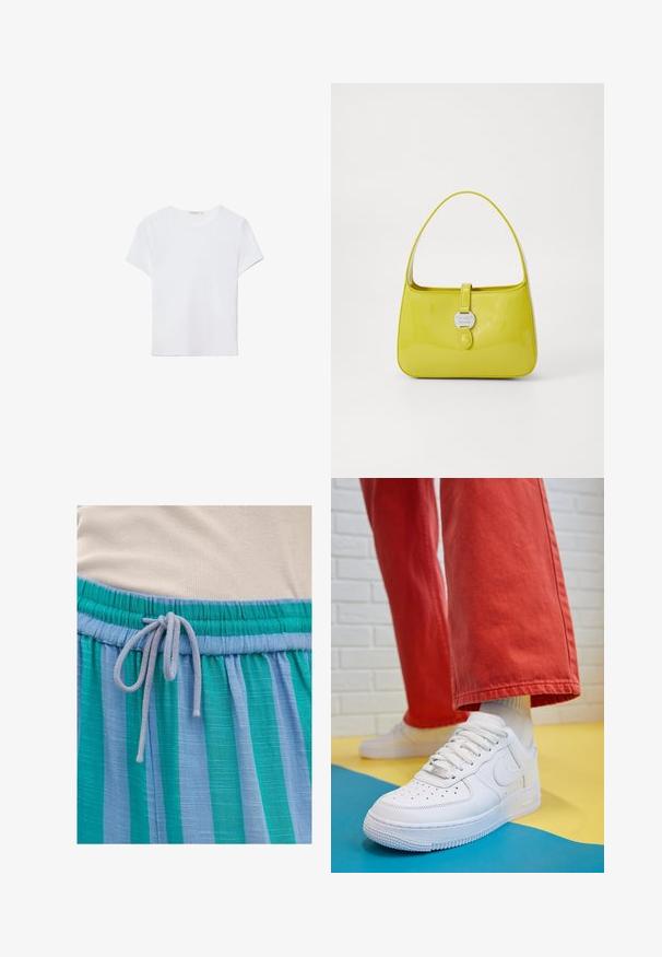 White short-sleeve t-shirt made of soft fabric. Features a round neckline and a simple, clean design with a straight hemline.; Lightweight blue and green striped fabric with an elastic waistband and a drawstring closure. Textured finish with subtle sheen.; White leather sneaker with perforated toe box, textured sole, and white laces, paired with wide red pants and a blue and yellow background.; Yellow patent leather handbag with a structured shape, a top handle, and a front snap closure featuring a circular metal logo accent.