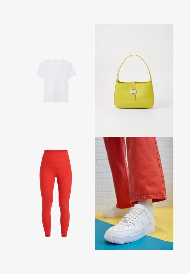 Biela kratká dámska tričko s krátkym rukávom vyrobené z mäkkej látky. Má okrúhly výstrih a jednoduchý, čistý dizajn so rovnými okrajmi.; Červené legíny s vysokým pásom a hladkým povrchom, so bočnou vreckom a malým logom nad pásom. Tvarujúci dizajn.; Biele kožené tenisky s perforovanou špičkou, textúrovanou podrážkou a bielymi šnúrkami, spárované so širokými červenými nohavicami na modrom a žltom pozadí.; Žltá lakovaná kožená kabelka so štruktúrovaným tvarom, horným držadlom a predným zacvakávacím uzáverom s kruhovým kovovým logom.