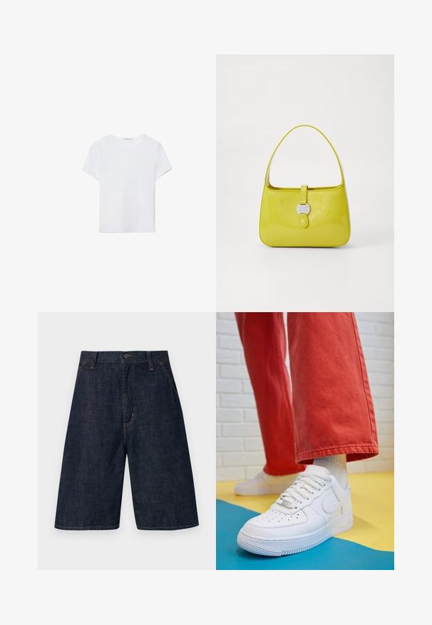 Weißes kurzärmliges T-Shirt aus weichem Stoff. Hat einen runden Halsausschnitt und ein einfaches, sauberes Design mit geradem Saum.; Dunkelblaue Jeansshorts im geraden Schnitt, mit Knopfverschluss, fünf Taschen und sichtbaren gelben Nähten entlang der Nähte.; Weiße Leder-Sneaker mit perforiertem Zehenbereich, strukturiertem Sohlen und weißen Schnürsenkeln, kombiniert mit weiten roten Hosen und einem blauen und gelben Hintergrund.; Gelbe lackierte Leder-Handtasche mit strukturiertem Design, einem oberen Griff und einem vorderen Druckverschluss, der mit einem kreisförmigen Metall-Logo-Akzent versehen ist.