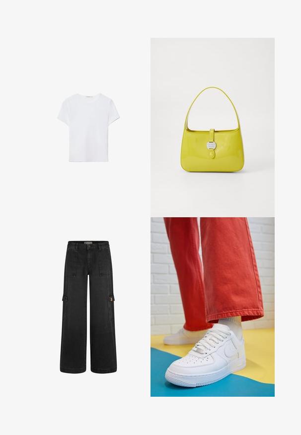 Valkoinen lyhythihainen t-paita, joka on valmistettu pehmeästä kankaasta. Sillä on pyöreä pääntie ja yksinkertainen, siisti muotoilu suoralla helman lopulla.; Mustat cargo-housut, joissa on rento leikkaus, joustava vyötärö, useita etutaskuja ja sivutaskuja. Valmistettu kestävästä denimmateriaalista.; Valkoinen nahkakengät, joissa on rei'itetty varvasosa, teksturoitu pohja ja valkoiset nauhat, yhdistettynä leveisiin punaisiin housuihin ja sinikeltaiseen taustaan.; Keltainen lakatun nahkaisen käsilaukku, jolla on jäsennelty muoto, yläkahva ja edessä napsautettava suljenta, jossa on pyöreä metallinen logoosa.