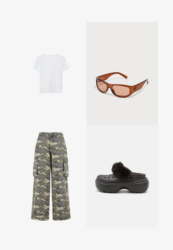 Weißes kurzärmliges T-Shirt aus weichem Stoff. Hat einen runden Halsausschnitt und ein einfaches, sauberes Design mit geradem Saum.; Cargo-Hosen in einem grün-beigen Camouflage-Muster, mit lockerem Schnitt, zwei Seitentaschen und einem rosa Akzent am Bein.; Schwarze Clogs mit einem weichen, plüschigen Oberband, das an der Vorderseite mit Perforationen versehen ist und eine strukturierte Ferse für besseren Halt aufweist. Leicht und im Slip-On-Design.; Braun getönte Sonnenbrille mit rechteckiger Form, aus transluzentem Kunststoff gefertigt. Hat gebogene Bügel und den Markennamen "ZIGN" an der Seite.