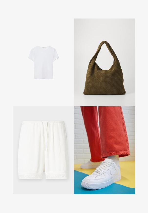 Biała koszulka z krótkim rękawem wykonana z miękkiego materiału. Posiada okrągły dekolt oraz prosty, minimalistyczny design z prostym dołem.; Białe szorty wykonane z lekkiego materiału, z teksturowanym wykończeniem i koronkowym obszyciem u dołu. Elastyczny pas z regulowanym sznurkiem.; Białe skórzane sneakersy z perforowanym czubkiem, teksturowaną podeszwą i białymi sznurowadłami, w połączeniu z szerokimi czerwonymi spodniami na niebiesko-żółtym tle.; Torebka z tkaniny plecionej w oliwkowym kolorze o przestronnym, zaokrąglonym kształcie i jednym, wydłużonym uchwycie do noszenia. Teksturowana powierzchnia.