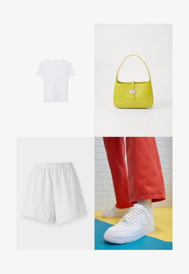 Biela kratká dámska tričko s krátkym rukávom vyrobené z mäkkej látky. Má okrúhly výstrih a jednoduchý, čistý dizajn so rovnými okrajmi.; Šedé bavlnené šortky s elastickým pásom, bočnými švami a bez viditeľných vreciek. Mäkkučký povrch s jednoduchým dizajnom a bez vzorov.; Biele kožené tenisky s perforovanou špičkou, textúrovanou podrážkou a bielymi šnúrkami, spárované so širokými červenými nohavicami na modrom a žltom pozadí.; Žltá lakovaná kožená kabelka so štruktúrovaným tvarom, horným držadlom a predným zacvakávacím uzáverom s kruhovým kovovým logom.