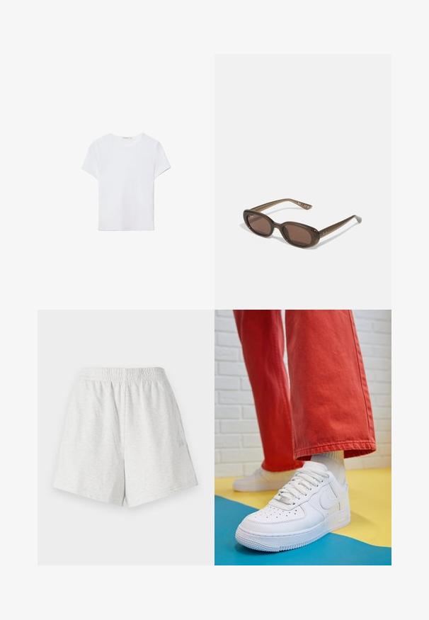 Biela kratká dámska tričko s krátkym rukávom vyrobené z mäkkej látky. Má okrúhly výstrih a jednoduchý, čistý dizajn so rovnými okrajmi.; Šedé bavlnené šortky s elastickým pásom, bočnými švami a bez viditeľných vreciek. Mäkkučký povrch s jednoduchým dizajnom a bez vzorov.; Biele kožené tenisky s perforovanou špičkou, textúrovanou podrážkou a bielymi šnúrkami, spárované so širokými červenými nohavicami na modrom a žltom pozadí.; Hnedé oválne slnečné okuliare s tmavými sklami. Rám je vyrobený z priesvitného hnedého materiálu a na spánkoch má vytlačené logo.