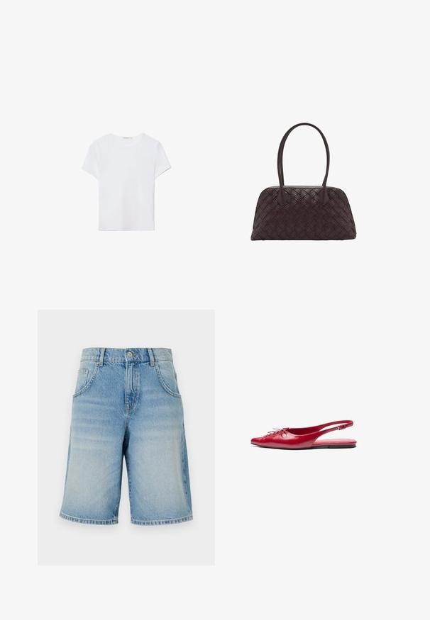 Bela kratka majica s kratkimi rokavi, izdelana iz mehkega materiala. Ima okroglo izrez in preprost, čist dizajn s ravnim robom.; Svjetloplave traper kratke hlače ravnog kroja s dizajnom od pet džepova i kopčanjem na gumbe u struku. Sa izblijeđenom teksturom kroz cijelu površinu.; Rdeče usnjene balerinke s prstnim koncem in okrasnim vezanjem spredaj, opremljene s slim trakovi okoli gležnja in ravnim podplatom.; Tkanjena rjava usnjena torbica za ramo zaobljene oblike, z dvema zgornjima ročajema in gladko teksturo; vsebuje subtilno šivanje za oblikovalsko podrobnost.