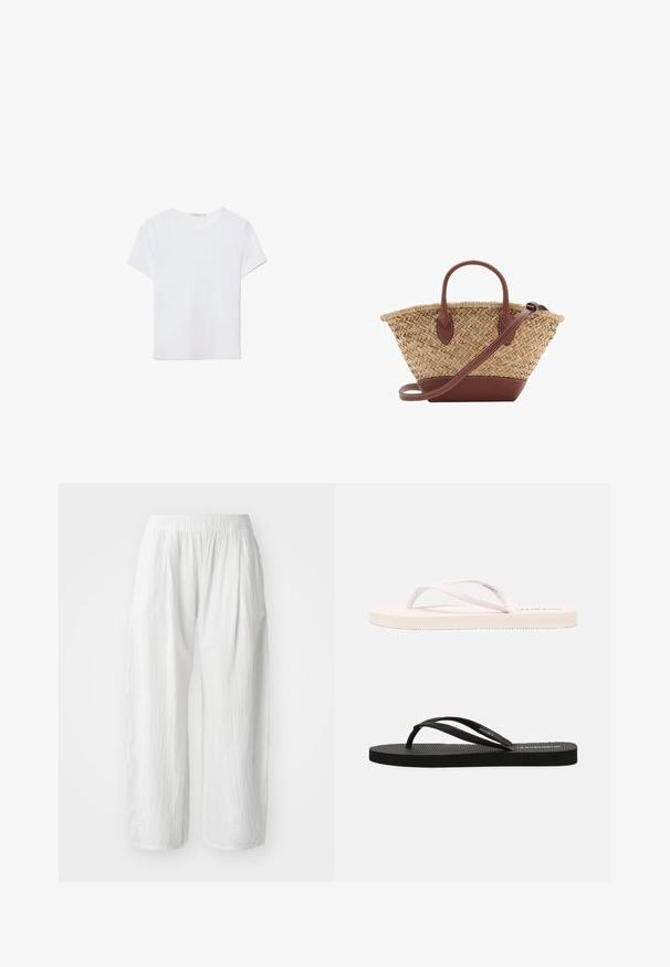 Bijela majica kratkih rukava izrađena od mekanog materijala. Ima okrugli izrez i jednostavan, čist dizajn s ravnim rubom.; Bijele, lagane hlače širokog kroja s teksturiranim izgledom i elastičnom gumom u pojasu za udobnost. Nema vidljivih džepova ili kopčanja.; Bijele i crne gumene japanke s teksturiranim udobnim podlogama, tankim trakama i kontrastnim bojama. Svaki par ima jednostavan dizajn i minimalno brendiranje.; Woven straw basket torba s smešnim kožnim detaljima, dva ručka i odvojivim remenom. Savijen oblik s čvrstim dnom.