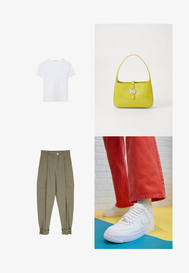 Valkoinen lyhythihainen t-paita, joka on valmistettu pehmeästä kankaasta. Sillä on pyöreä pääntie ja yksinkertainen, siisti muotoilu suoralla helman lopulla.; Olivgrön cargobyxor i mjukt tyg, med två framfickor, plisserad design och muddar med justerbara spännen.; Valkoinen nahkakengät, joissa on rei'itetty varvasosa, teksturoitu pohja ja valkoiset nauhat, yhdistettynä leveisiin punaisiin housuihin ja sinikeltaiseen taustaan.; Keltainen lakatun nahkaisen käsilaukku, jolla on jäsennelty muoto, yläkahva ja edessä napsautettava suljenta, jossa on pyöreä metallinen logoosa.